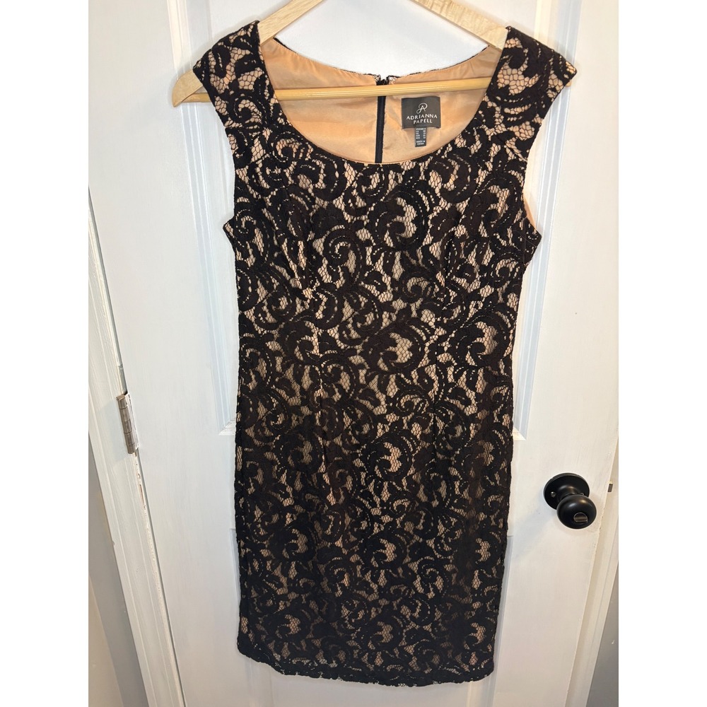 Adrianna Papell Black‎ Lace Sheath Dress Tan Lining Sleeveless Cocktail Size 6